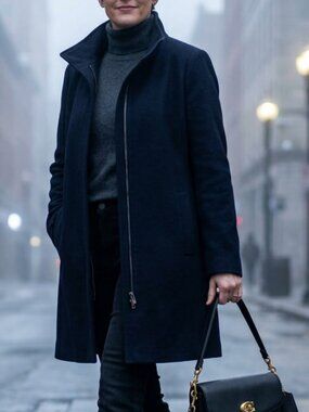 Lands'  End Wool Funnel Neck Coat with Primaloft Lining Black Size 14